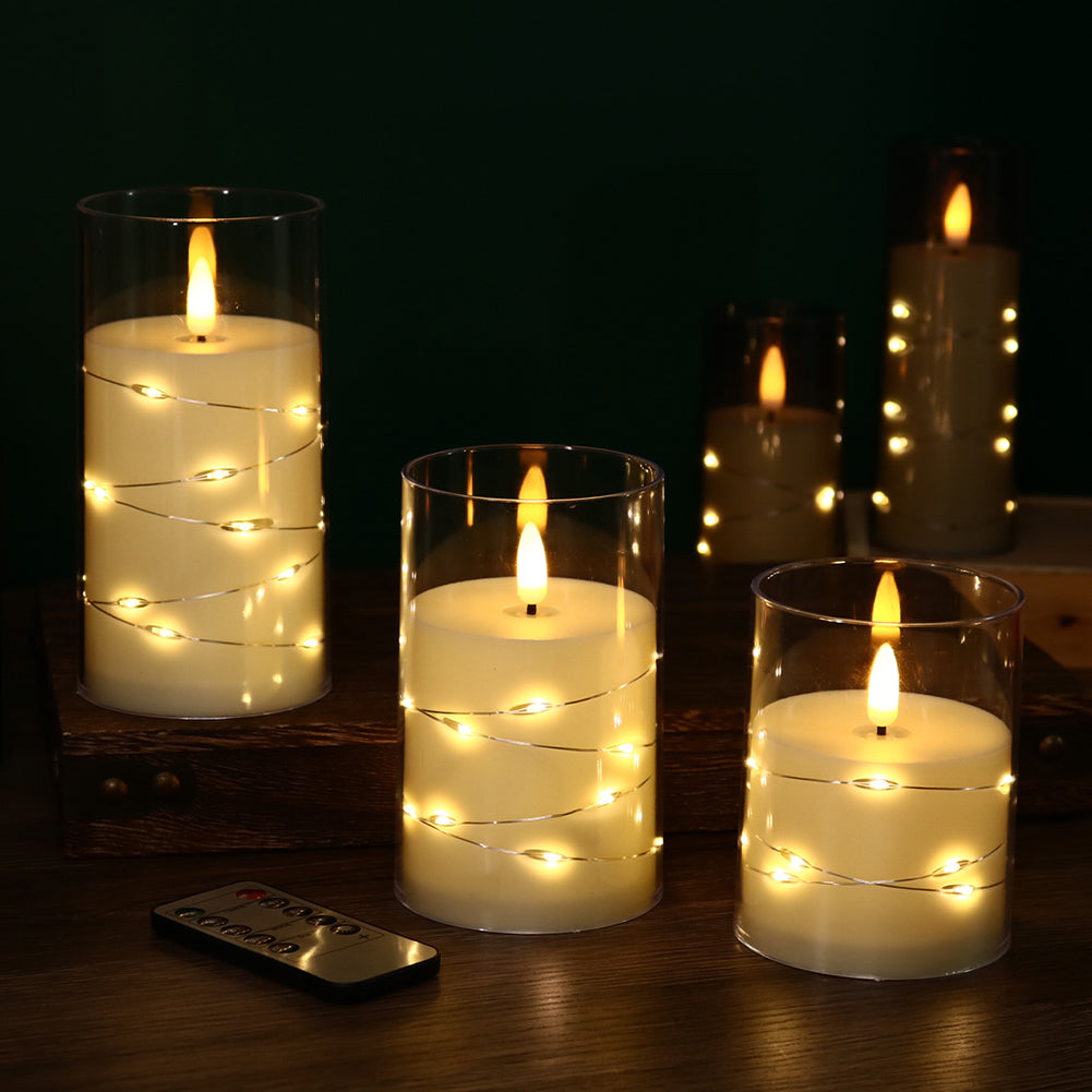 3er Set LED steklenih sveč z svetlobno dekoracijo
