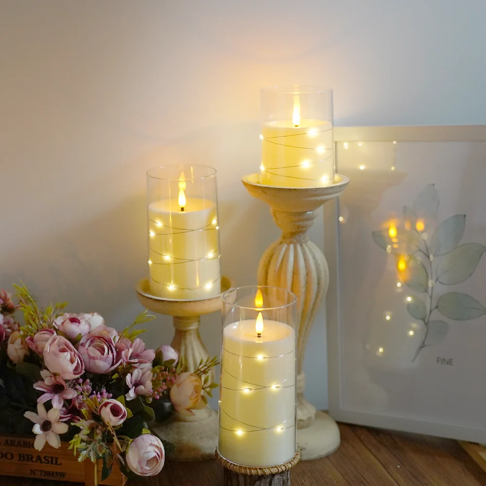 3er Set LED steklenih sveč z svetlobno dekoracijo