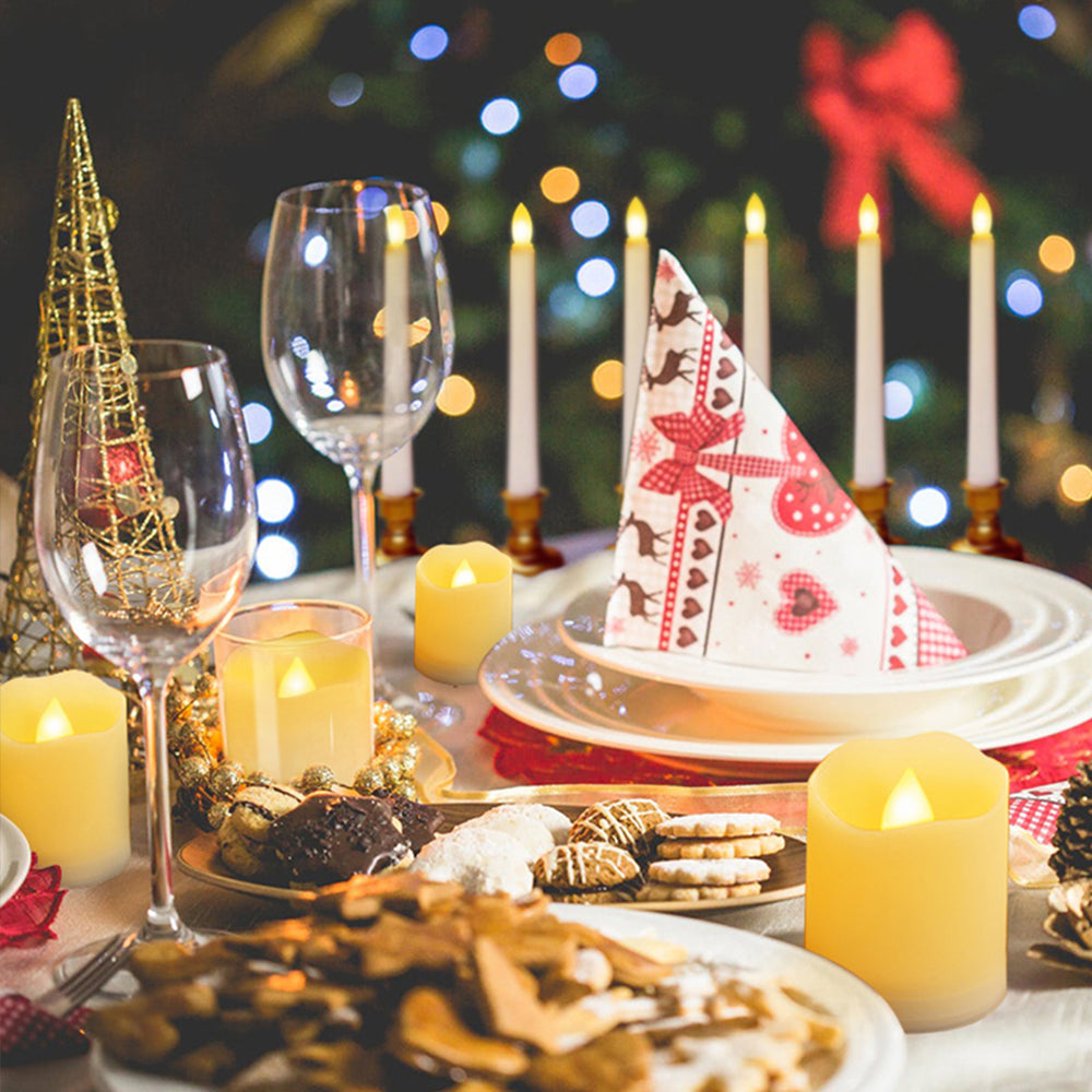 Set z 6 kratkimi, brezplamenčnimi, utripajočimi LED-svečami iz voska