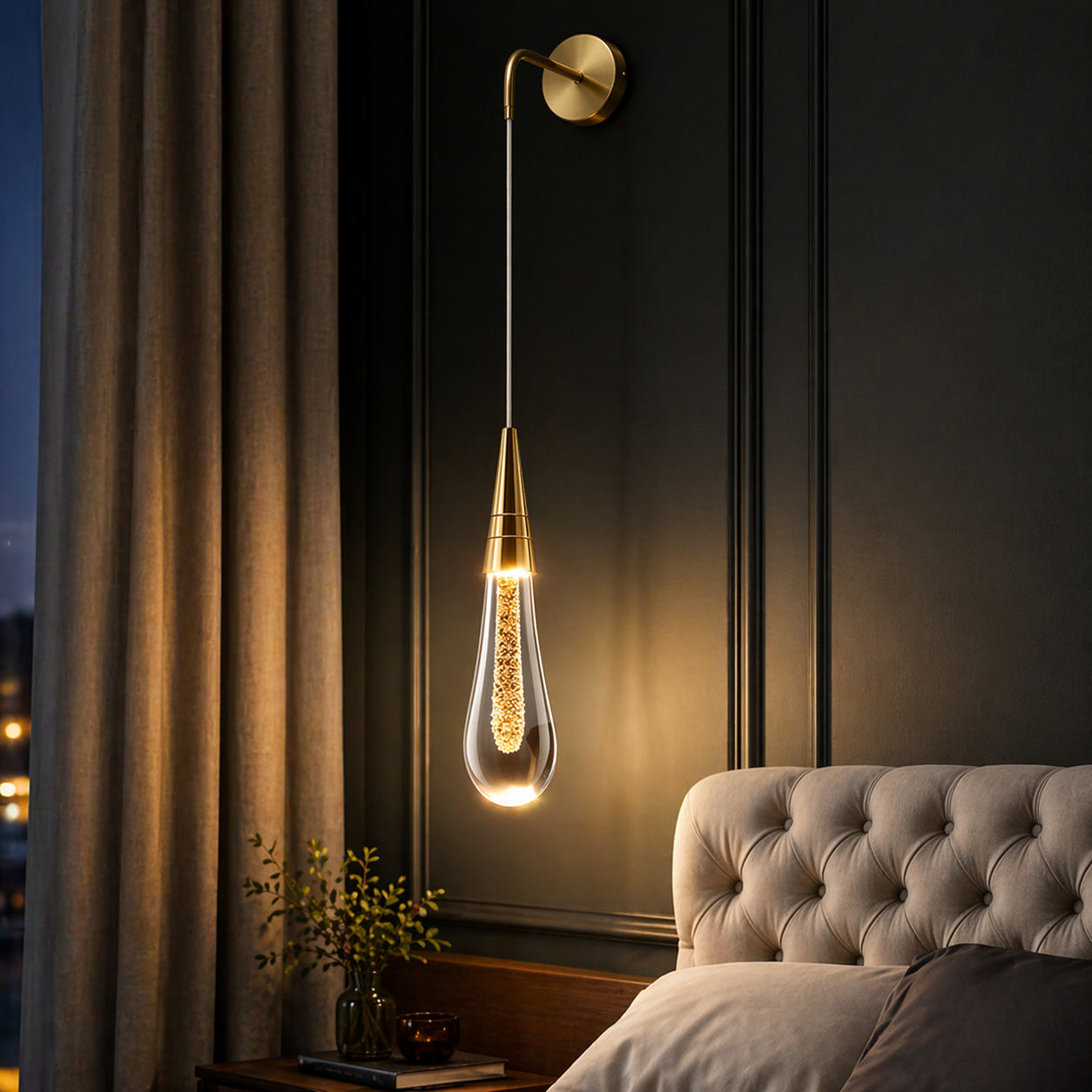 LED Wand-Pendelleuchte Gold – Tropfenförmige Kristall Wandleuchte für Schlafzimmer & Wohnzimmer