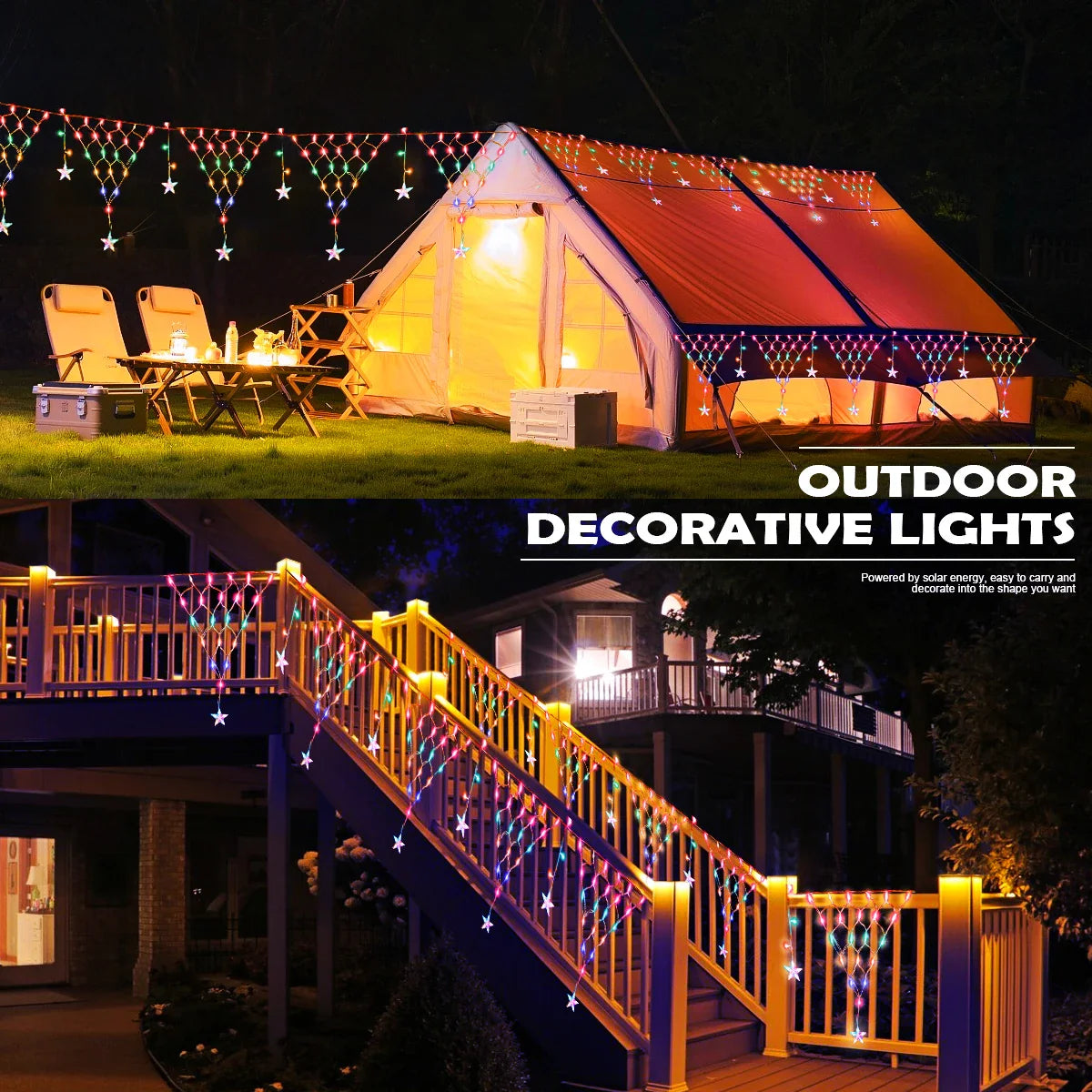 Solar Weihnachts-Sternvorhang – LED Außenlichterkette, wasserdicht mit 8 Leuchtmodi