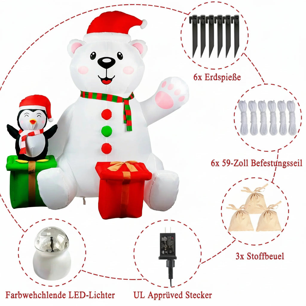 1.8m Aufblasbarer Eisbär mit Pinguin & LED-Beleuchtung – Weihnachts-Deko für Garten & Außenbereich