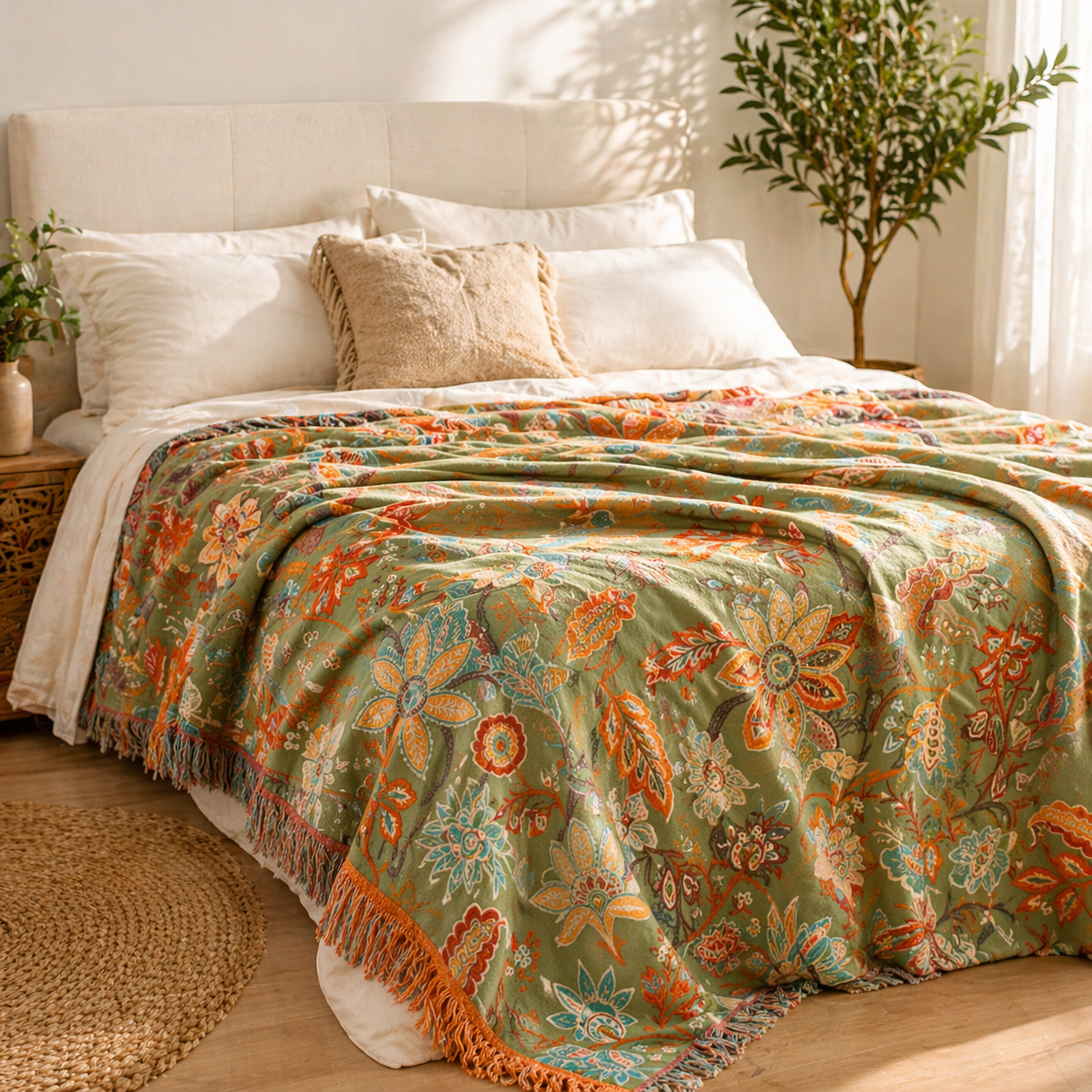 BohoBloom Baumwoll-Tagesdecke mit Quasten