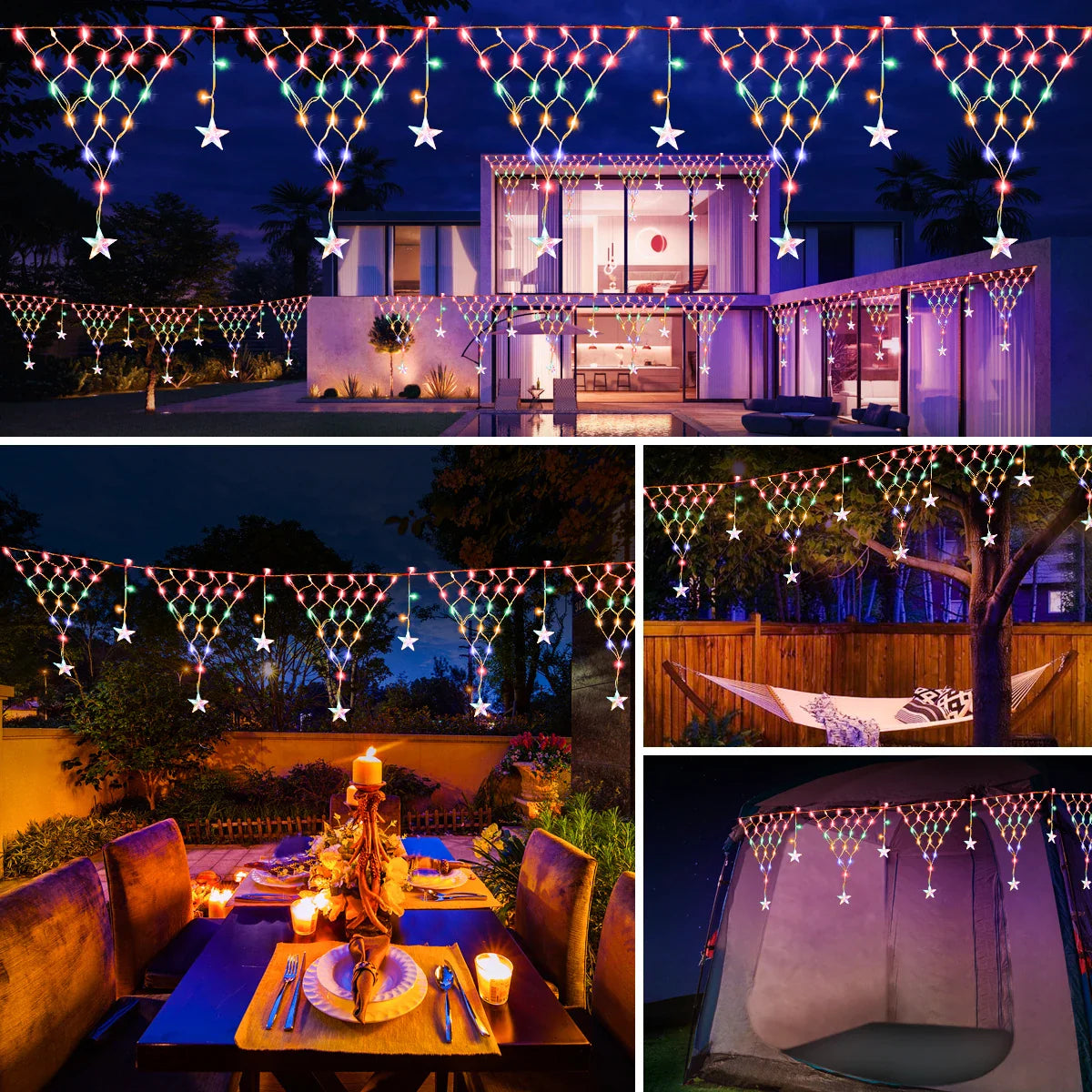 Solar Weihnachts-Sternvorhang – LED Außenlichterkette, wasserdicht mit 8 Leuchtmodi