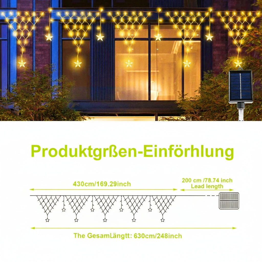 Solar Weihnachts-Sternvorhang – LED Außenlichterkette, wasserdicht mit 8 Leuchtmodi