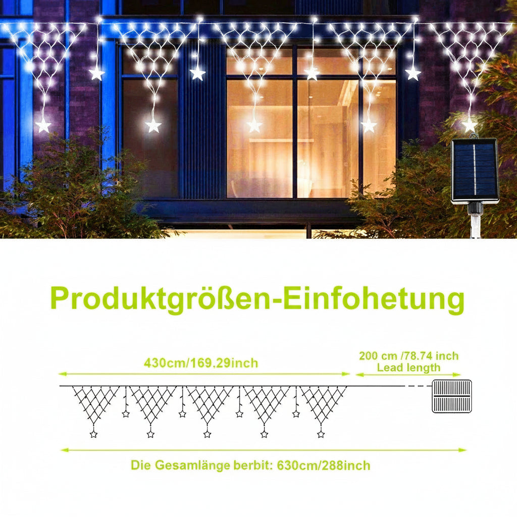 Solar Weihnachts-Sternvorhang – LED Außenlichterkette, wasserdicht mit 8 Leuchtmodi