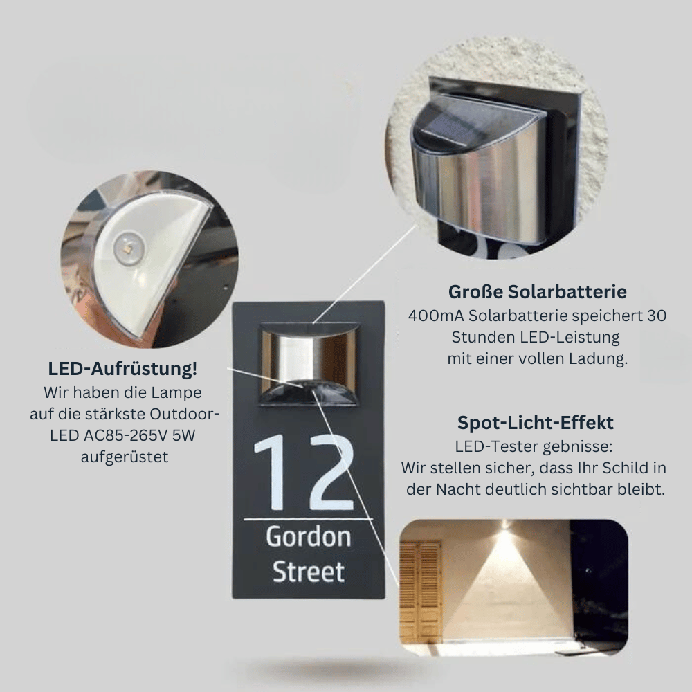 Personalisierte LED-Solaradresse mit Zahlengravur
